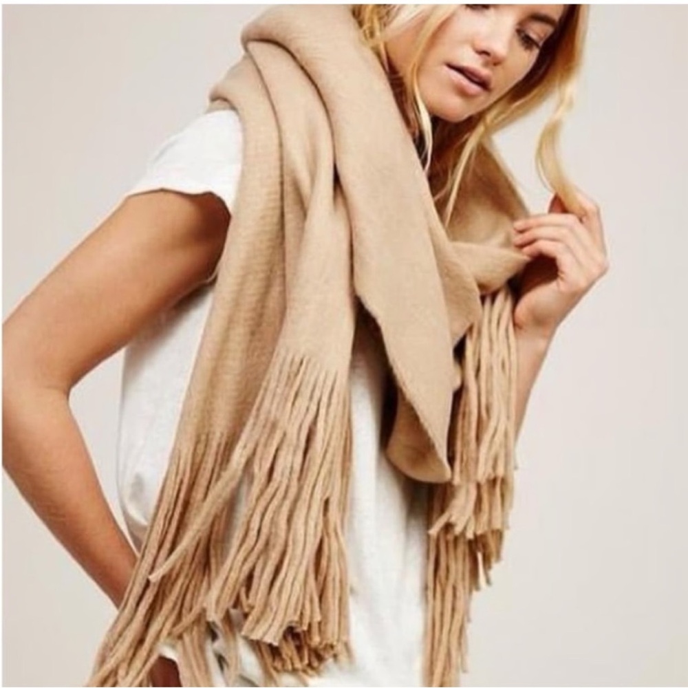 Free People Cozy Tan Fringe Extra Long Wide Wrap Scarf